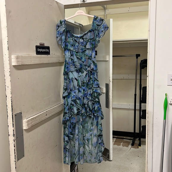 badgley mischka blue floral dress Badgley Mischka Beaded Flutter Slv Gown- Periwinkle